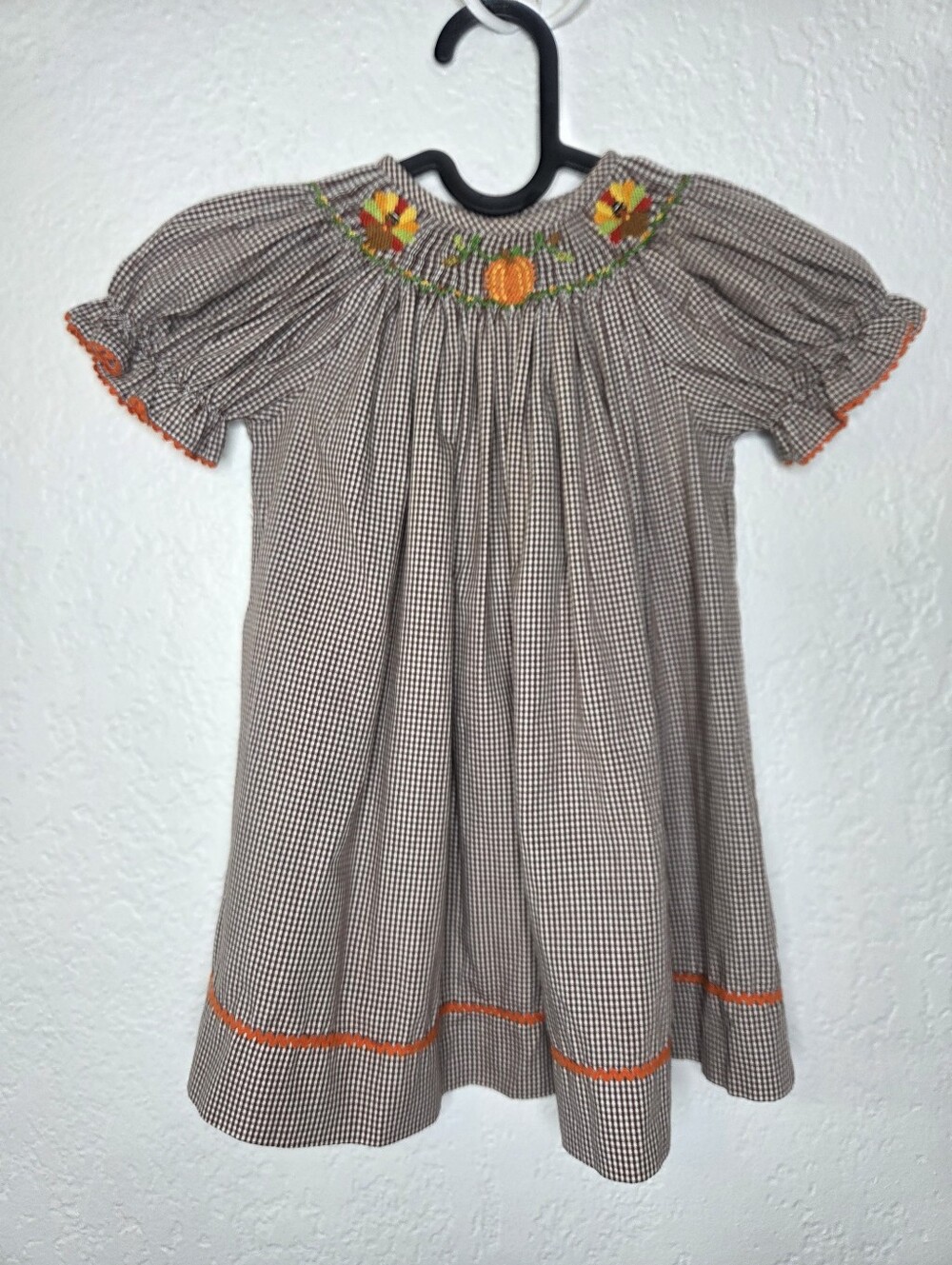 Vive La Fête Brown Gingham Dress, Pumpkin Smocking Sz 12M Thanksgiving Turkeys